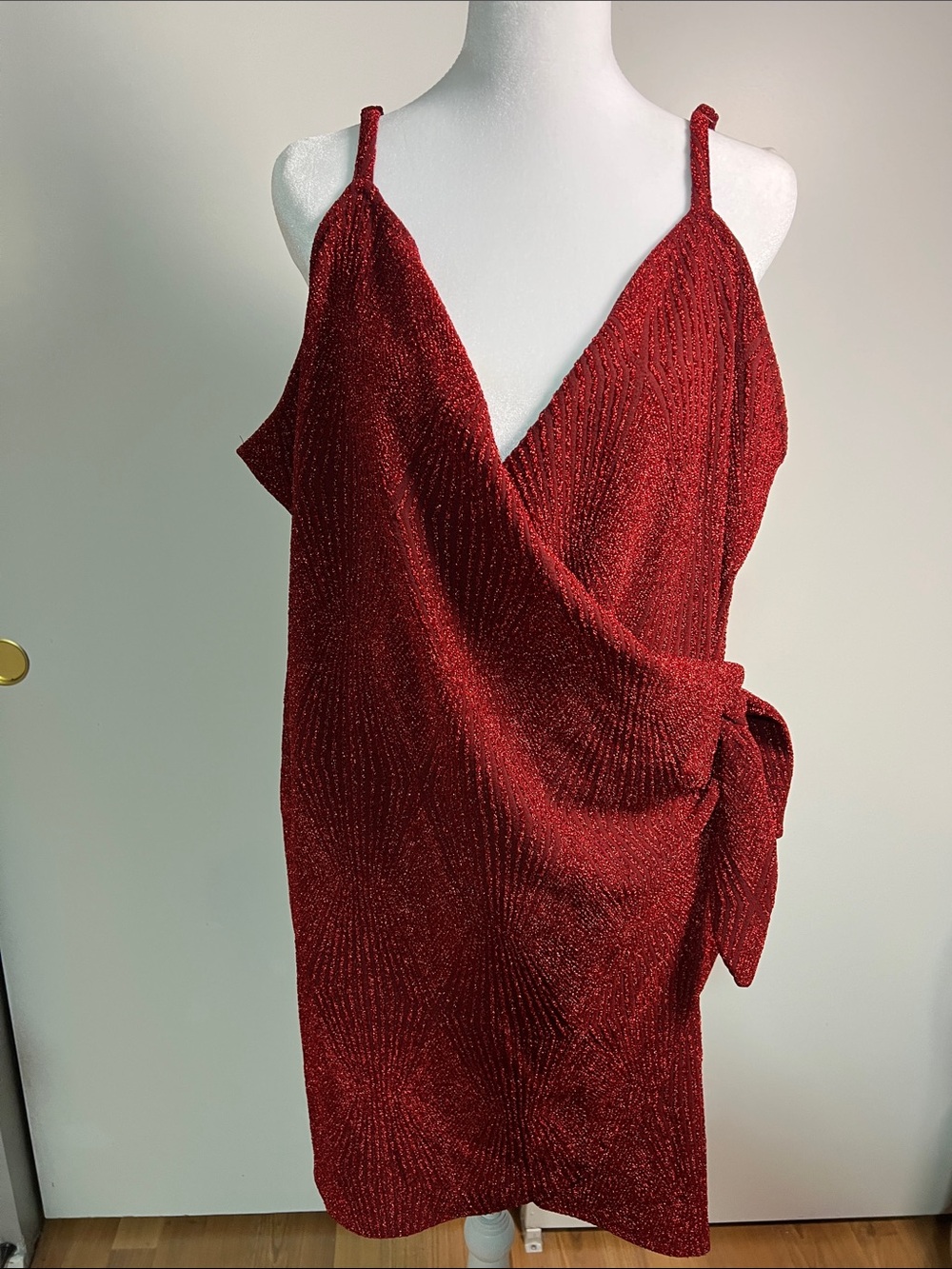 Lily Rose Glittered Wine-Red Wrap Mini Dress